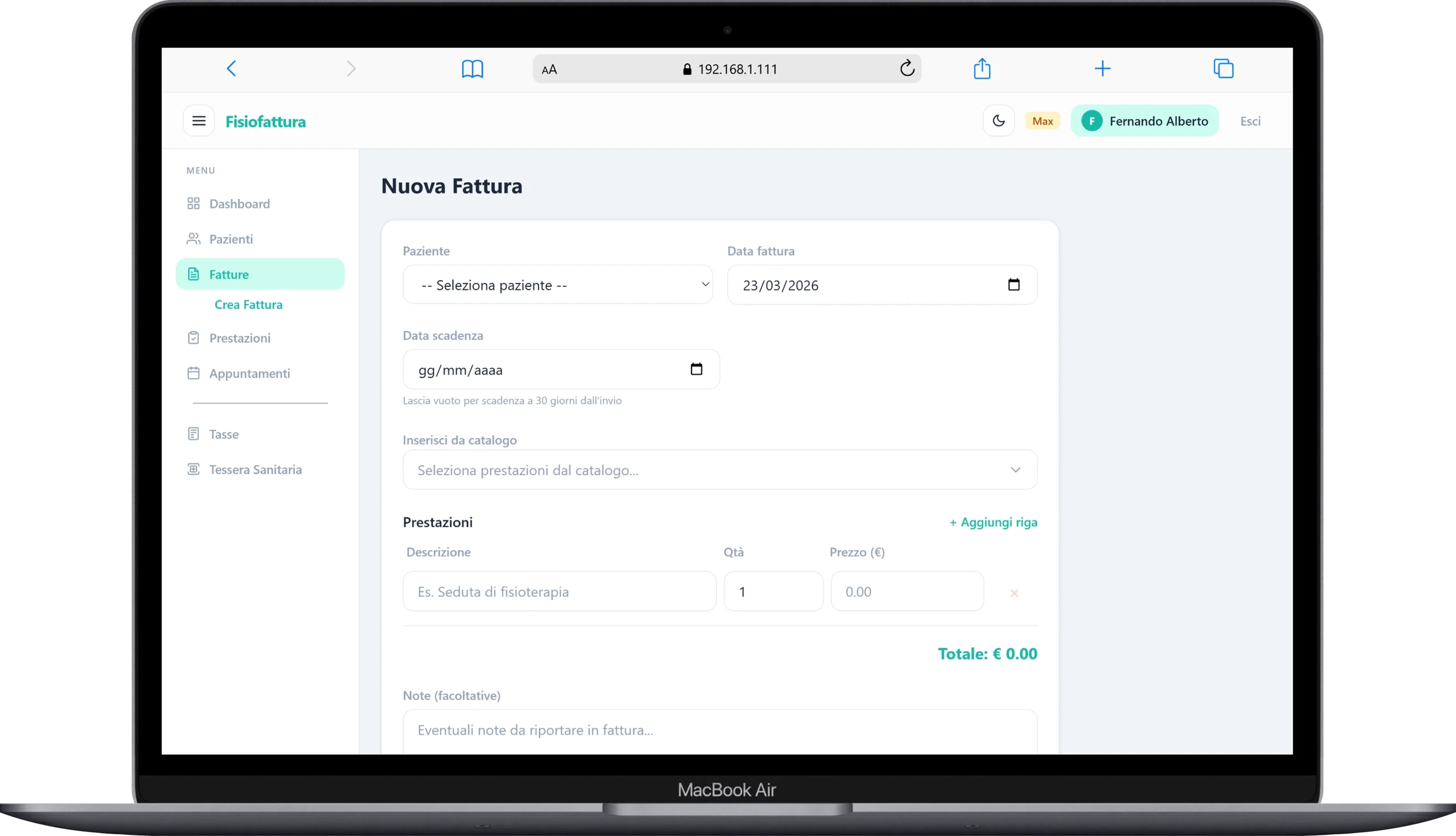 Form creazione fattura con catalogo prestazioni