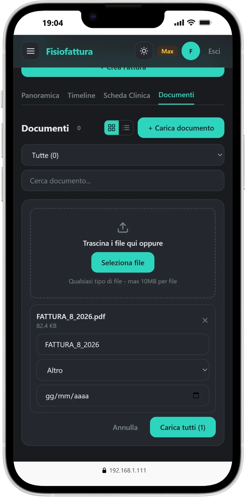 Upload documenti paziente mobile in tema scuro