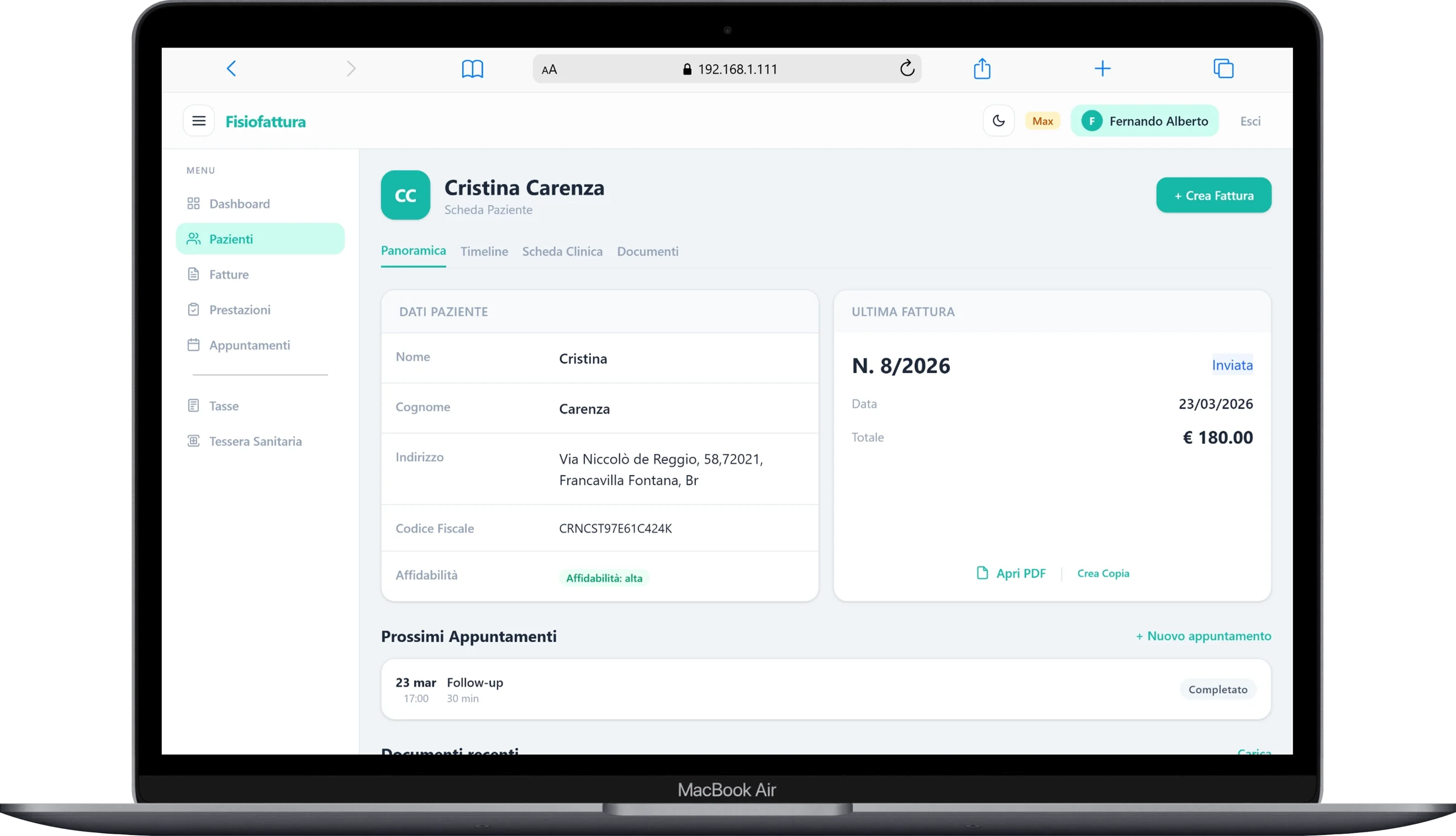 Scheda paziente con panoramica e tab