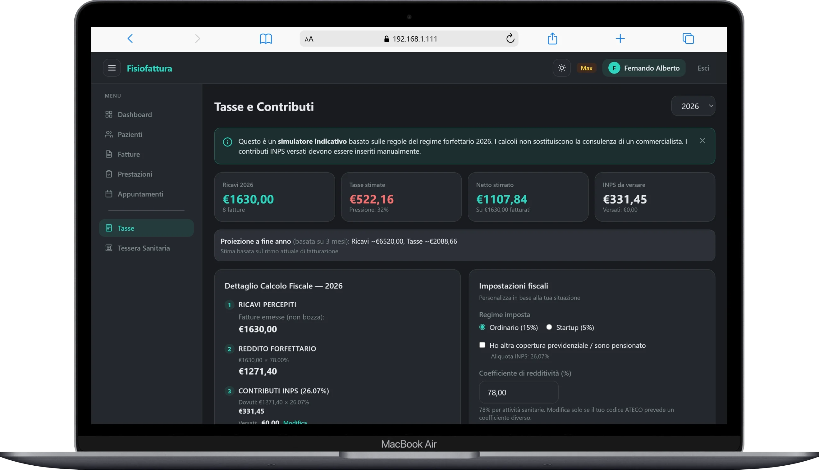 Simulatore fiscale con KPI e breakdown tasse