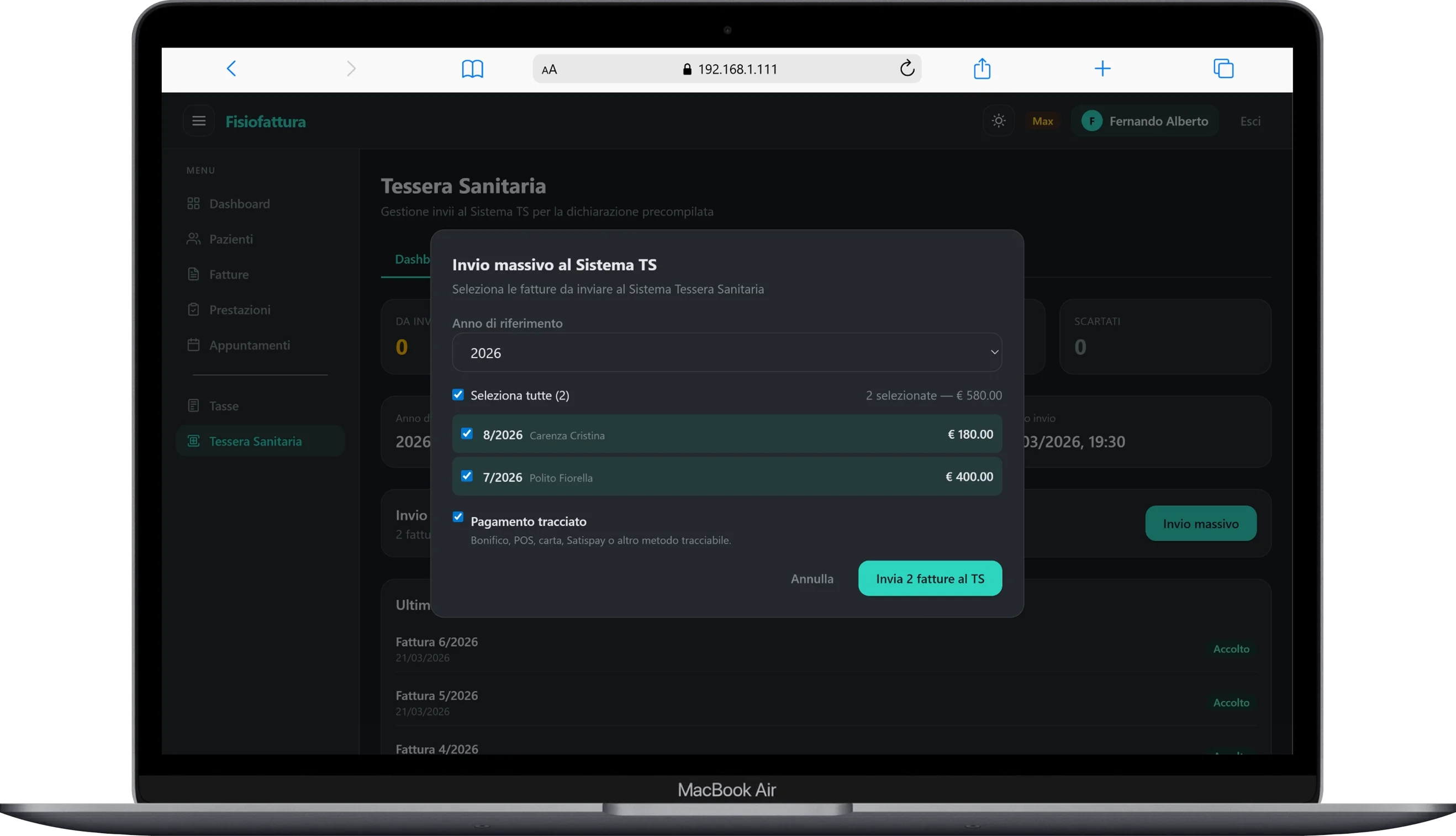 Modal invio massivo al Sistema TS