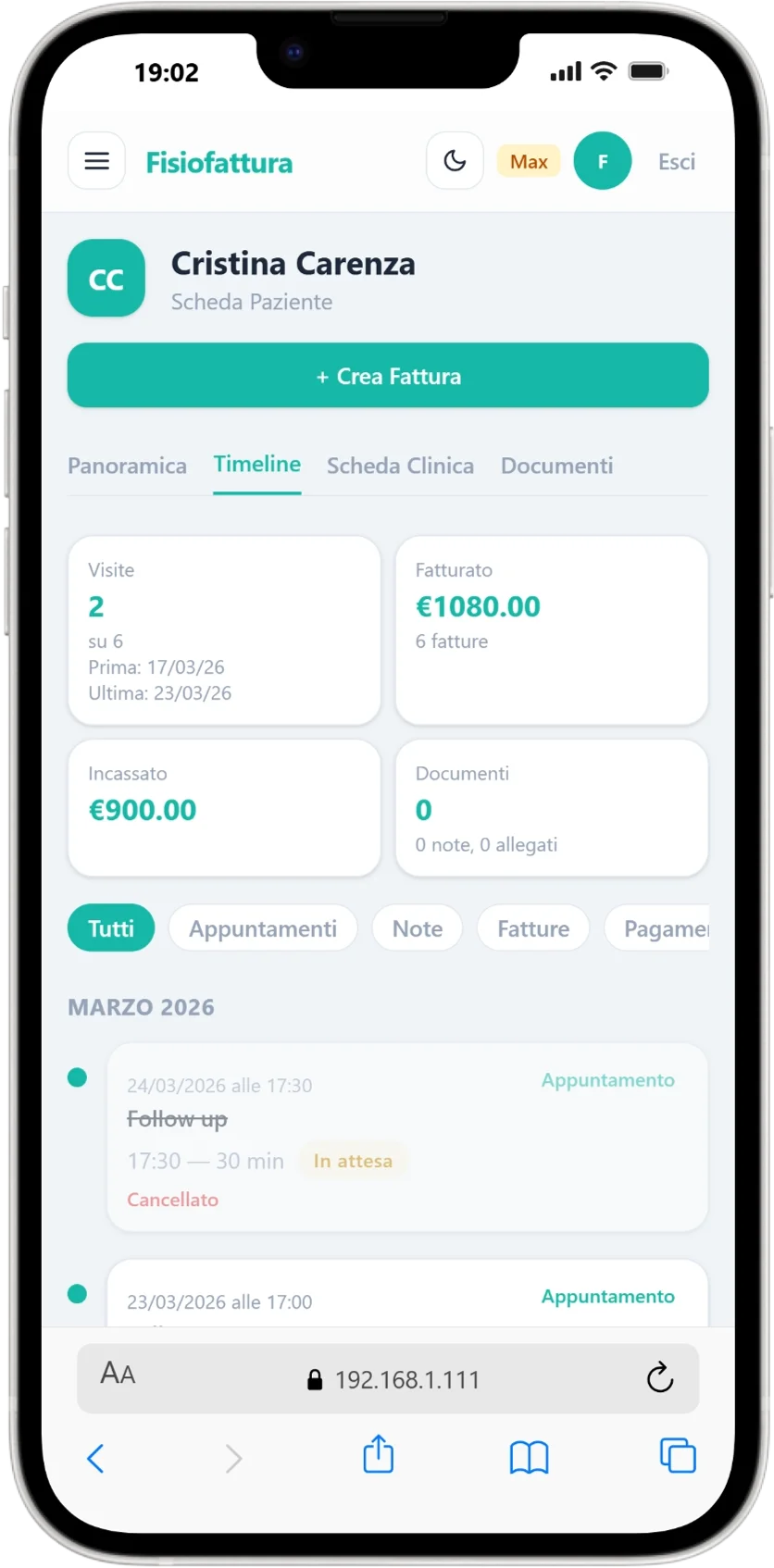 Timeline paziente mobile con statistiche